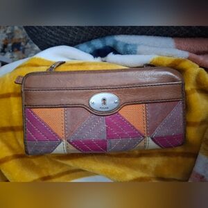 Fossil Women's Brown and Pink Patchwork Wallet
